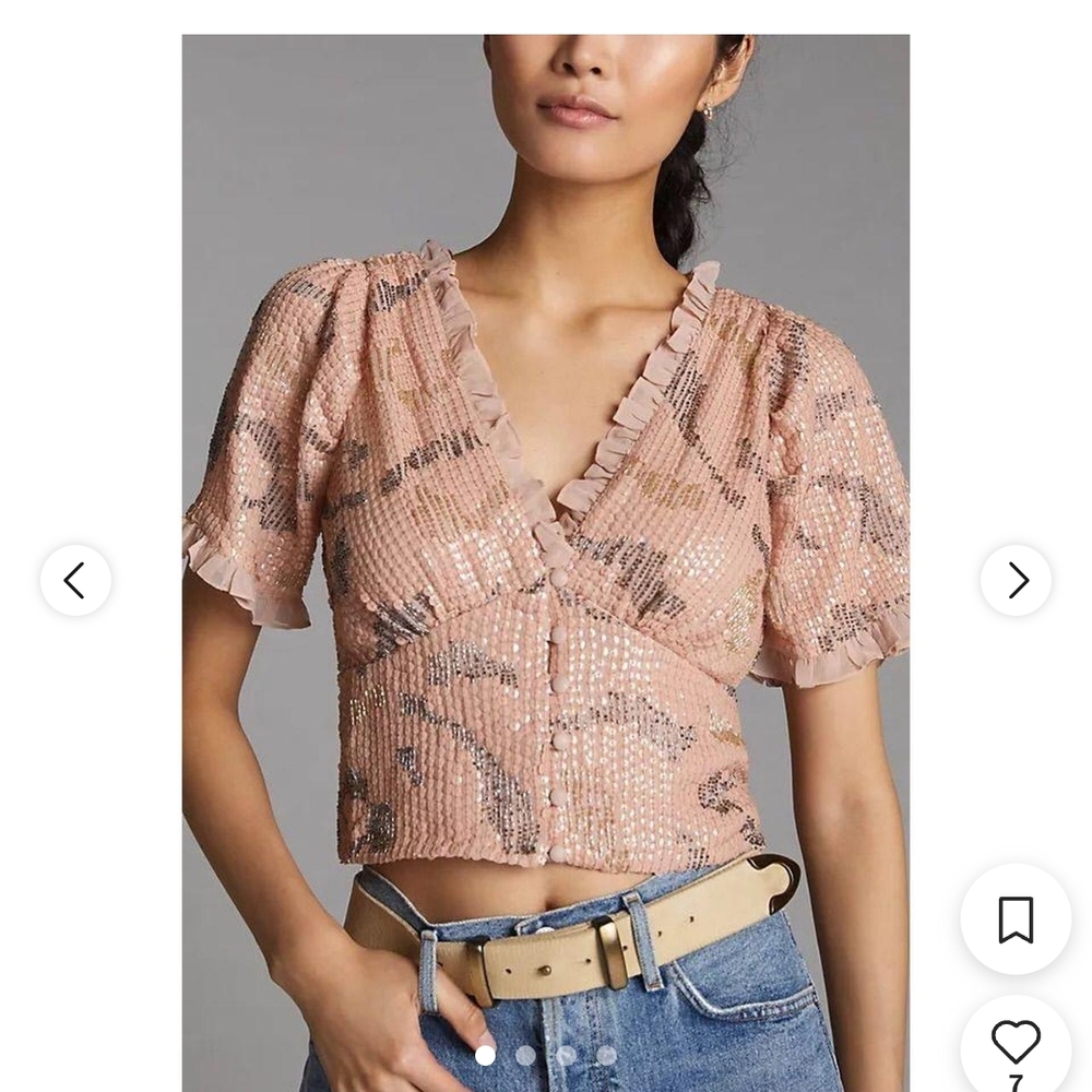 Anthropologie Free People Pink Sequin Blouse with Ruffle Detail